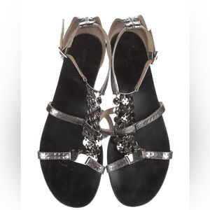 New wo tags Jimmy Choo Grey Leather Printed T-Strap Sandals